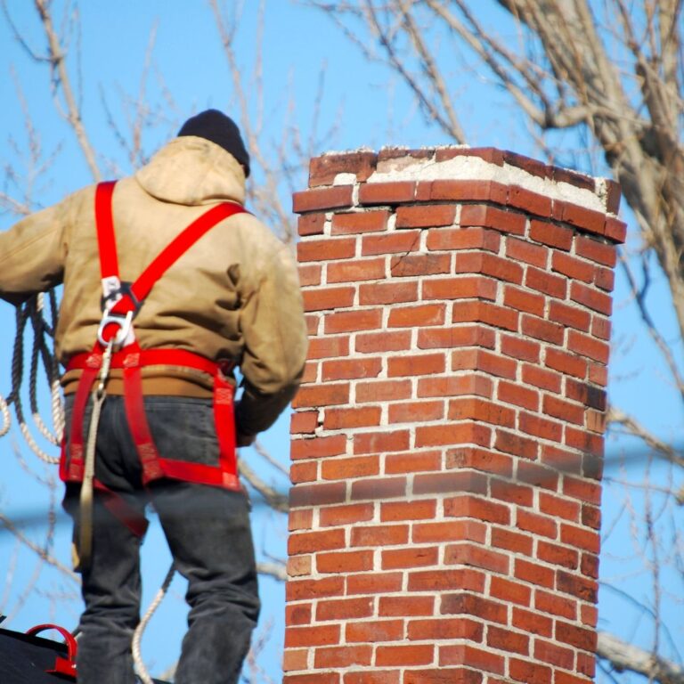 Professional chimney inspector from Air N Fire examining a residential chimney in Plano.