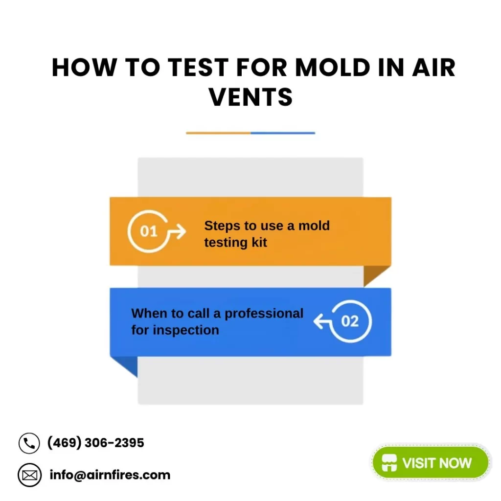  Infographic explaining how to test for mold in air vents, including using a mold testing kit and knowing when to call a professional.