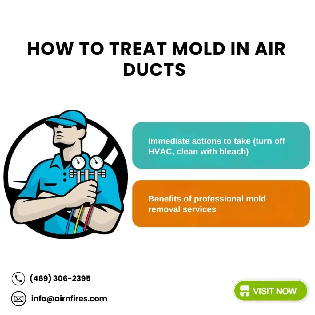 Infographic showing how to treat mold in air ducts, with immediate actions and benefits of hiring professional mold removal services.