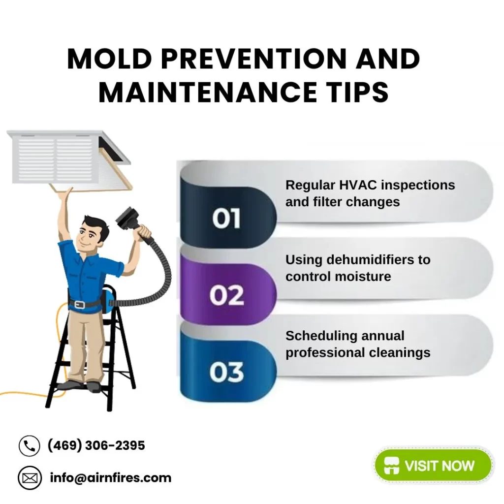 Infographic showing mold prevention tips for HVAC systems, including regular inspections, dehumidifier use, and annual professional cleanings.