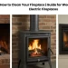 Three types of fireplaces wood-burning, gas, and electric—being cleaned, with visible flames and proper tools for maintenance.